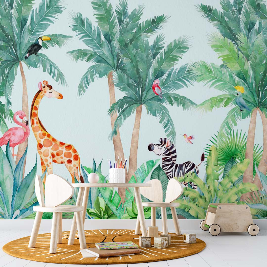 Kids Wall Mural Cartoon African Safari Wildlife and Exotic Animals Wallpaper for Kids Room