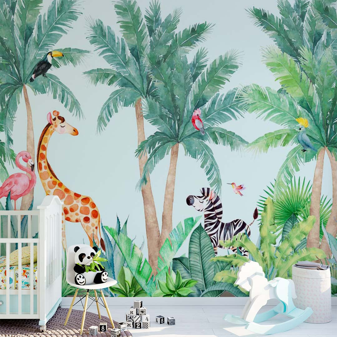 Kids Wall Mural Cartoon African Safari Wildlife and Exotic Animals Wallpaper for Kids Room