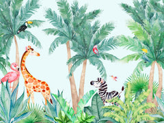 Custom Kids Wall Mural Cartoon African Safari Wildlife and Exotic Animals Wallpaper for Kids Room