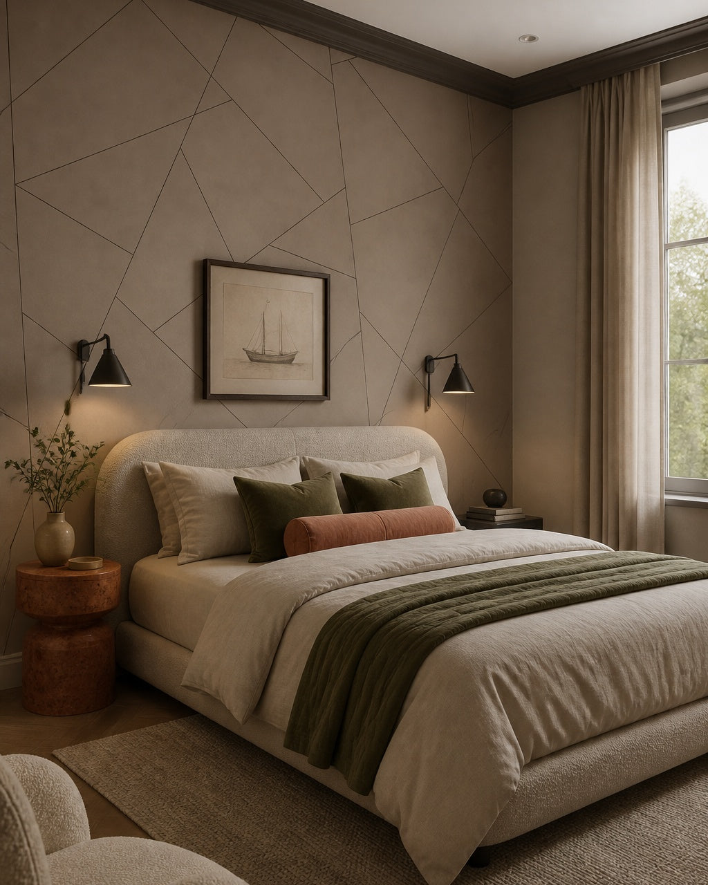 Taupe geometric lines wallpaper in a designer bedroom.