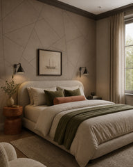 Taupe geometric lines wallpaper in a designer bedroom.
