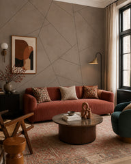 Taupe geometric lines wallpaper in a designer living room.