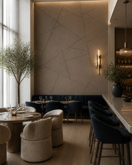 Taupe geometric lines wallpaper in a restaurant.