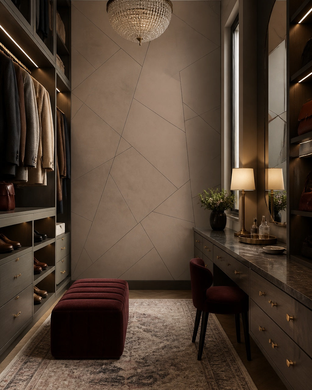 Taupe geometric lines wallpaper in a dressing room.