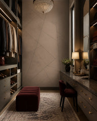Taupe geometric lines wallpaper in a dressing room.