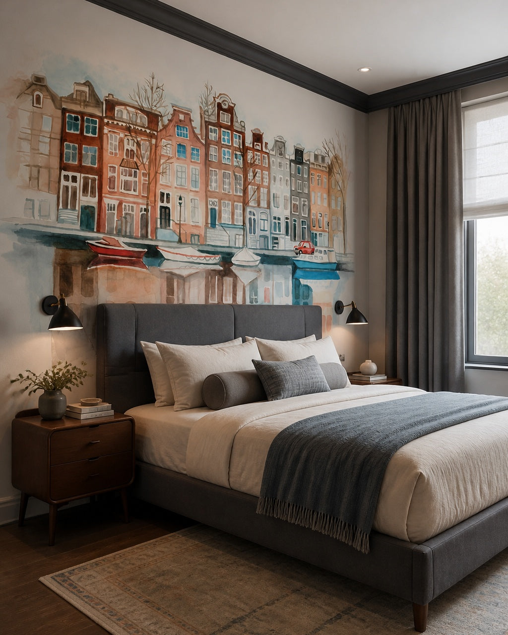 Amsterdam canal houses wallpaper in a designer bedroom.