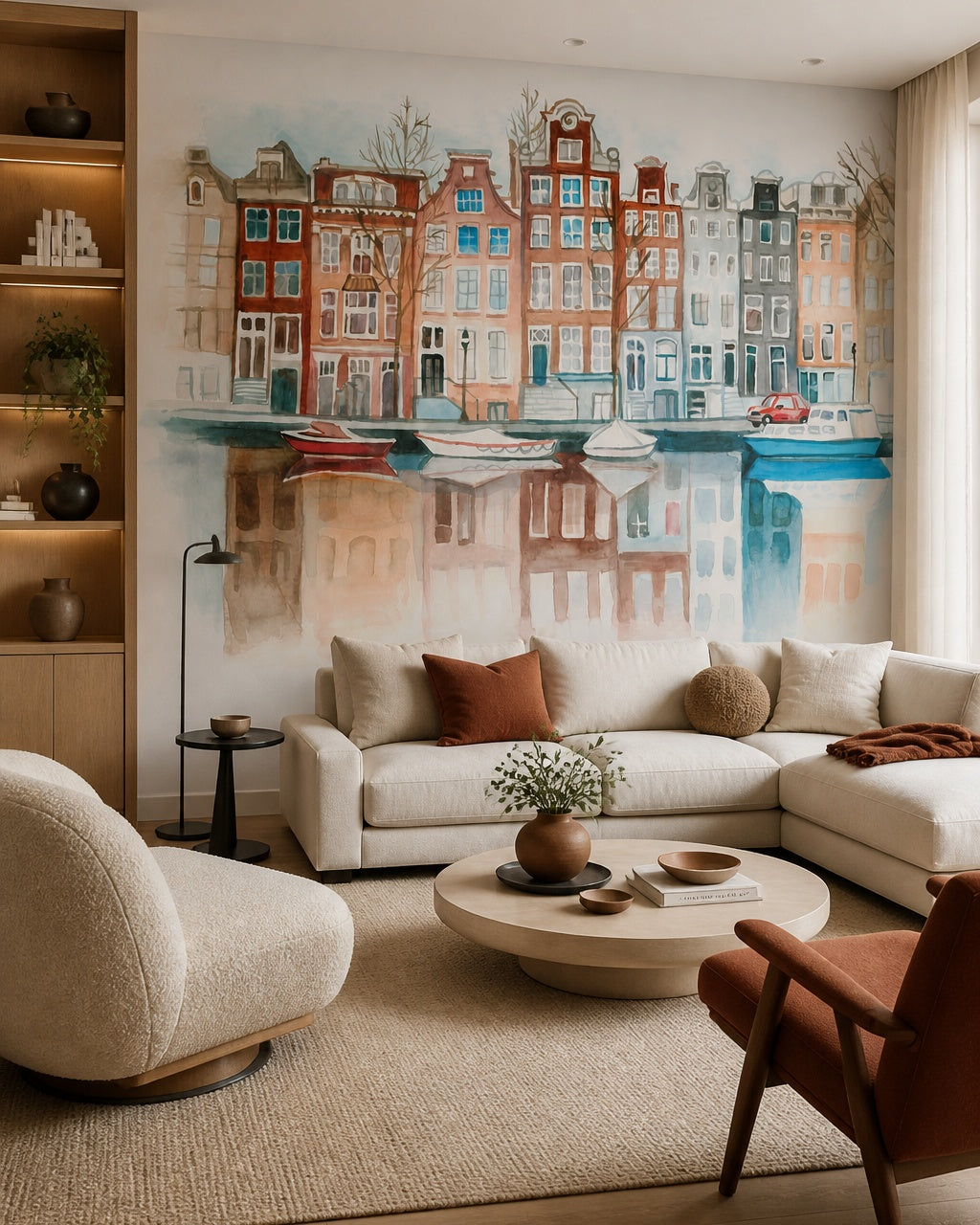 Amsterdam canal houses wallpaper in a designer living room.