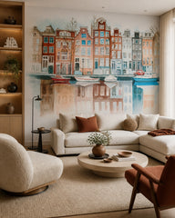 Amsterdam canal houses wallpaper in a designer living room.