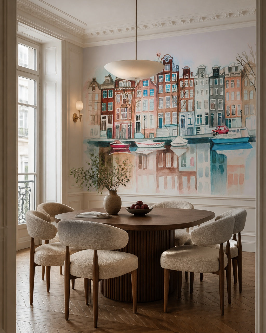 Amsterdam canal houses wallpaper in a refined dining area.