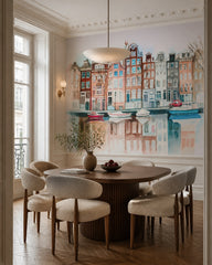 Amsterdam canal houses wallpaper in a refined dining area.