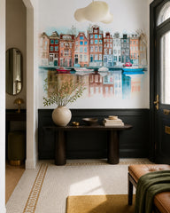 Amsterdam canal houses wallpaper in a designer entrance hall.