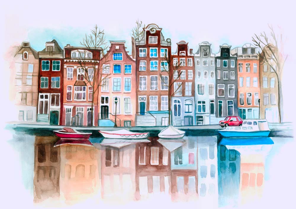 Fotobehang met grachtenpanden in Amsterdam – aquarel van de stad