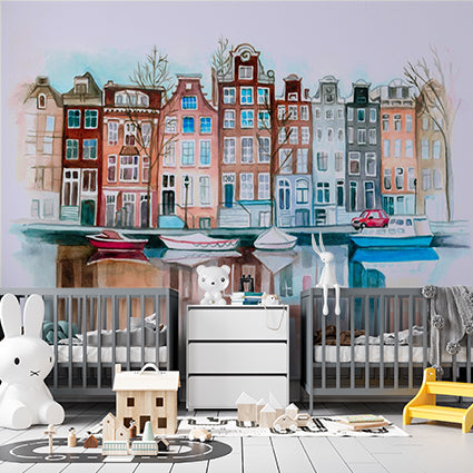 Charming Watercolor Canal Houses Wall Mural - Colorful Amsterdam Reflections