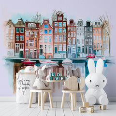 Custom Charming Watercolor Canal Houses Wall Mural - Colorful Amsterdam Reflections