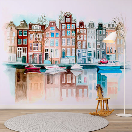 Charming Watercolor Canal Houses Wall Mural - Colorful Amsterdam Reflections