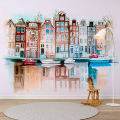 Custom Charming Watercolor Canal Houses Wall Mural - Colorful Amsterdam Reflections