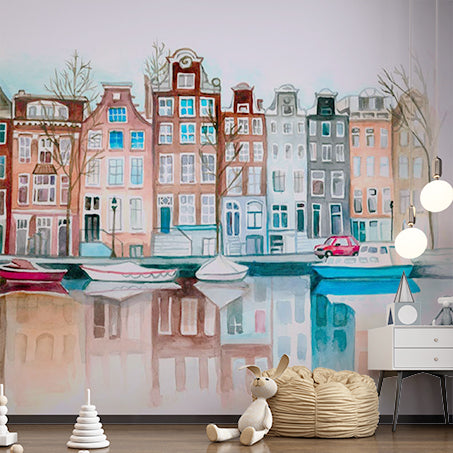 Charming Watercolor Canal Houses Wall Mural - Colorful Amsterdam Reflections