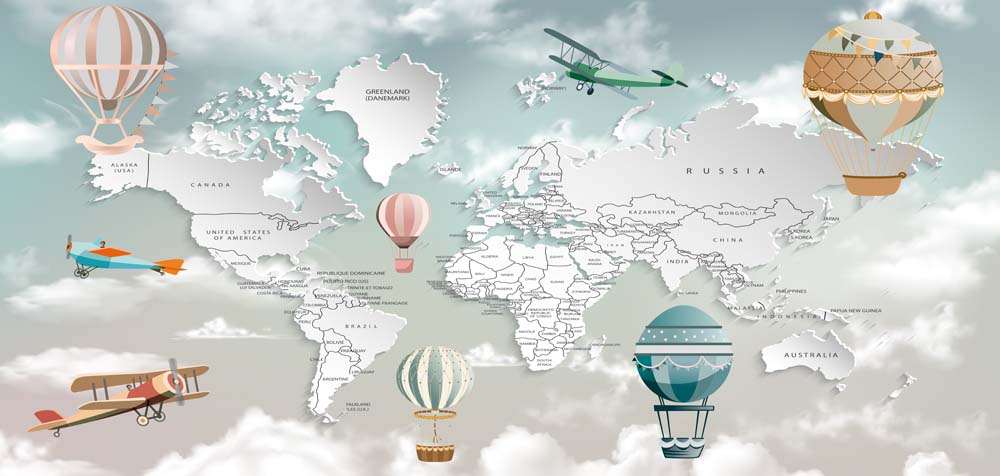 Aircraft Kids World Map Wall Mural Globe Wallpaper Posters for Kids