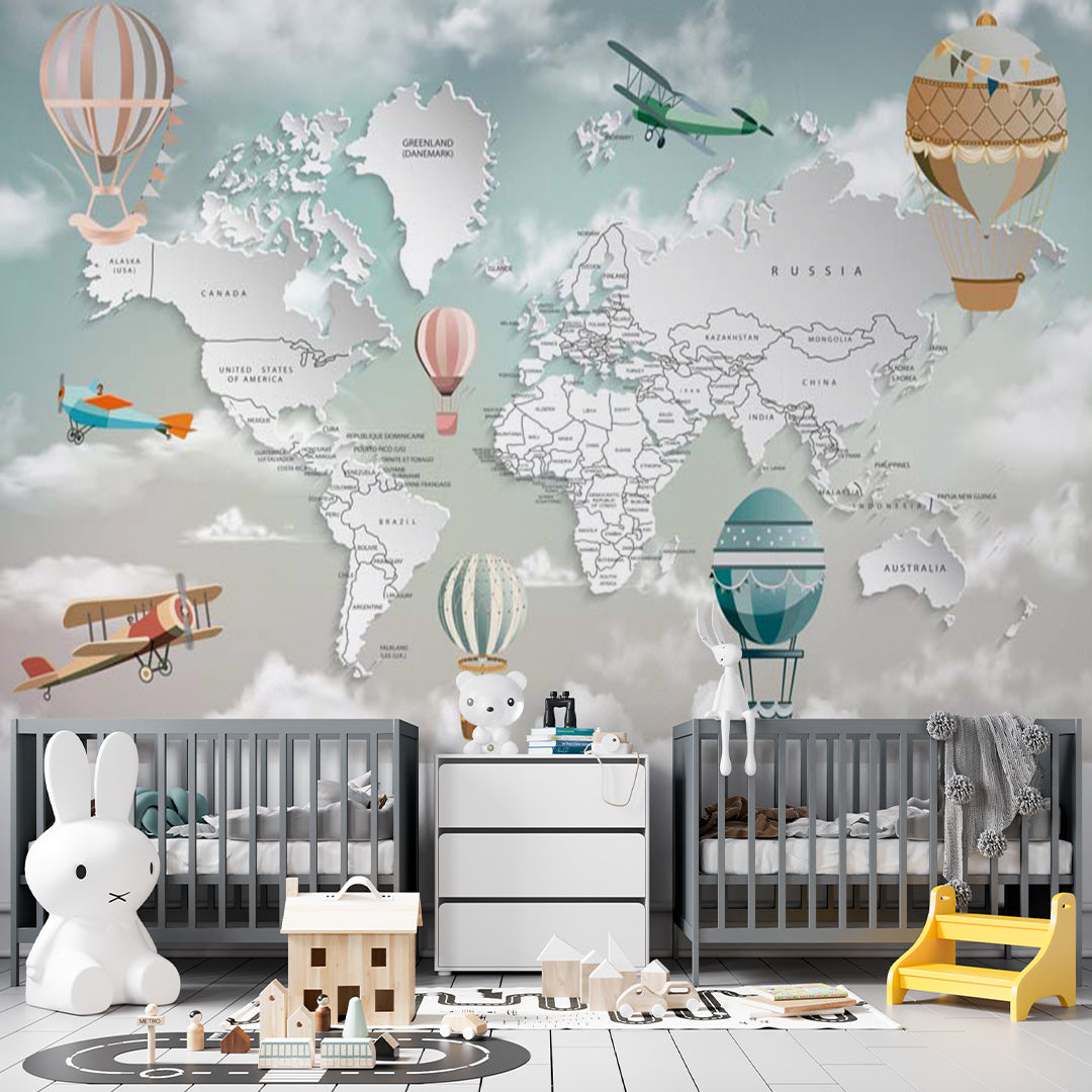 Aircraft Kids World Map Wall Mural Globe Wallpaper Posters for Kids