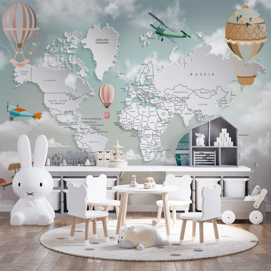 Aircraft Kids World Map Wall Mural Globe Wallpaper Posters for Kids