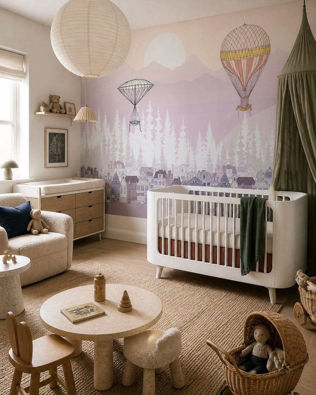 Dreamy balloons above the town kids room wallpaper in a modern nursery with a crib.