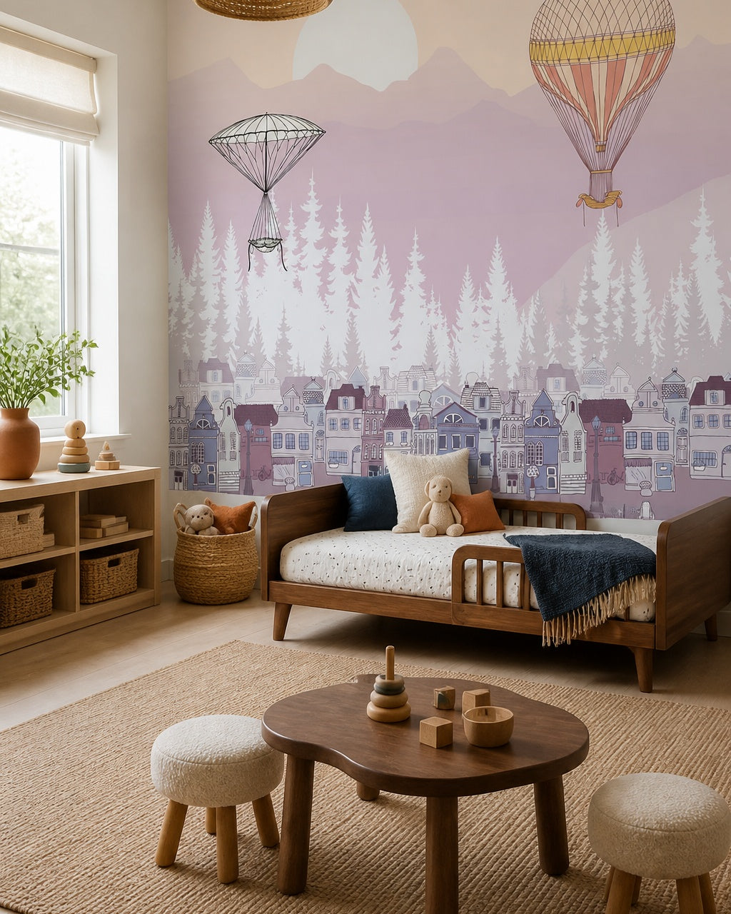 Dreamy balloons above the town kids room wallpaper in a toddler bedroom with a child-sized bed.