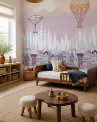 Dreamy balloons above the town kids room wallpaper in a toddler bedroom with a child-sized bed.