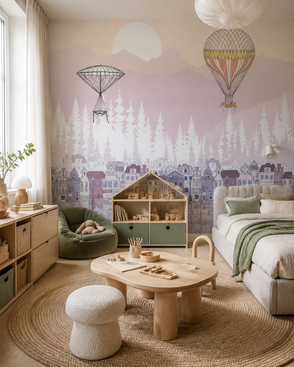 Dreamy balloons above the town kids room wallpaper in a girl’s bedroom.