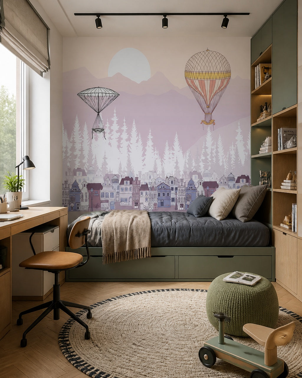 Dreamy balloons above the town kids room wallpaper in a boy’s bedroom.