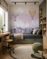 Dreamy balloons above the town kids room wallpaper in a boy’s bedroom.