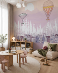 Dreamy balloons above the town kids room wallpaper in a children’s playroom.