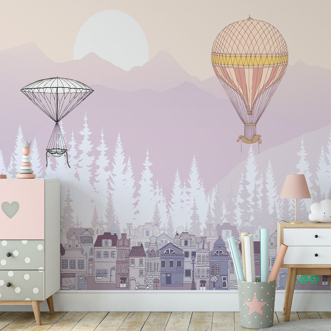 Kids Wall Mural City in the Mountains White Forest Wallpaper for Girl