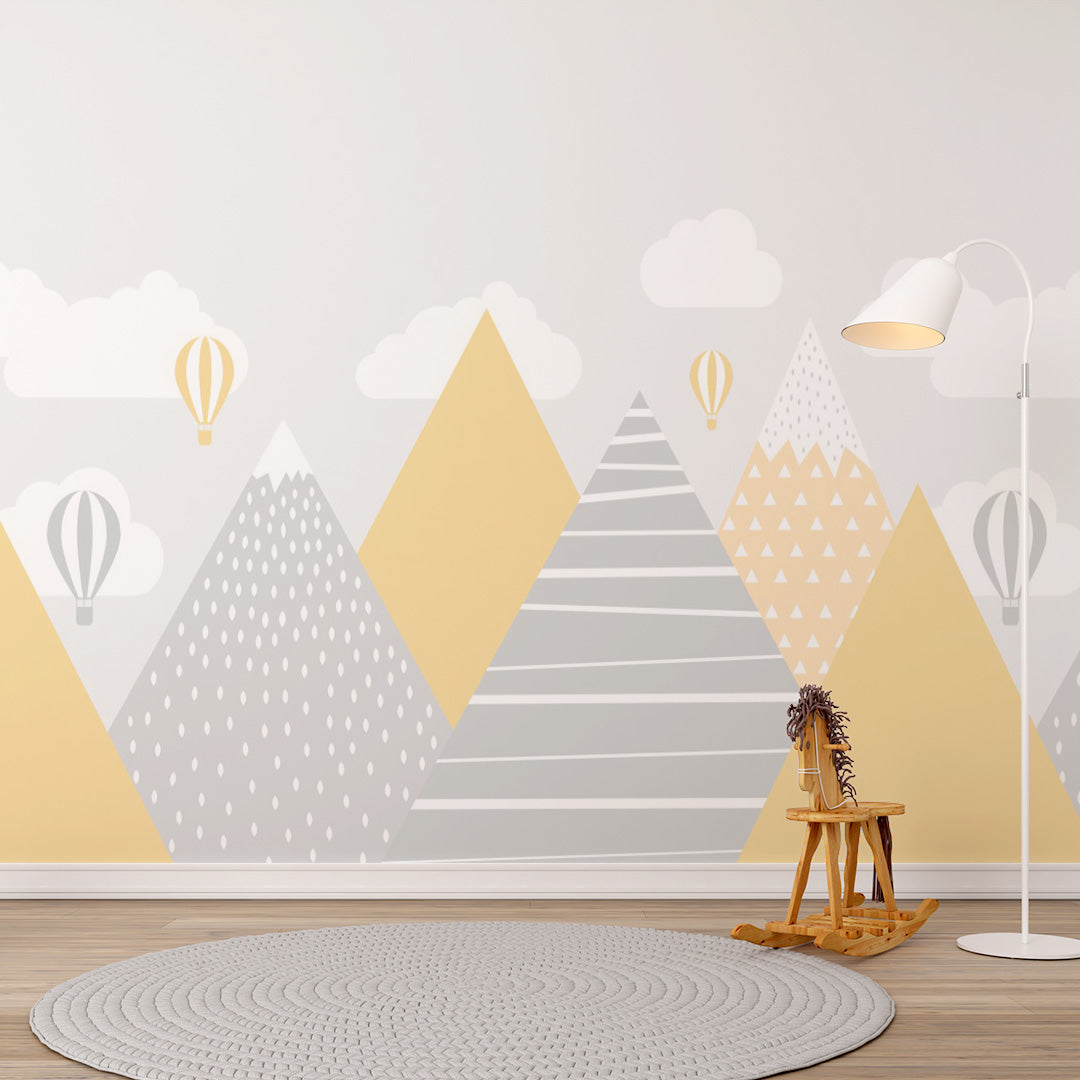 Custom Kids Wall Murals Scandinavian Mountains Yellow Grey Wallpaper f ...
