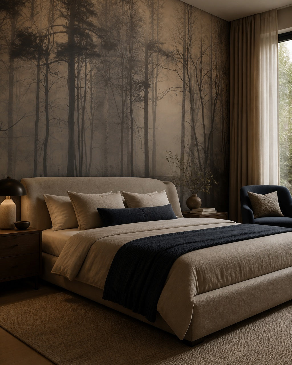 Twilight forest wallpaper in a designer bedroom.