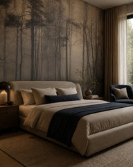 Twilight forest wallpaper in a designer bedroom.