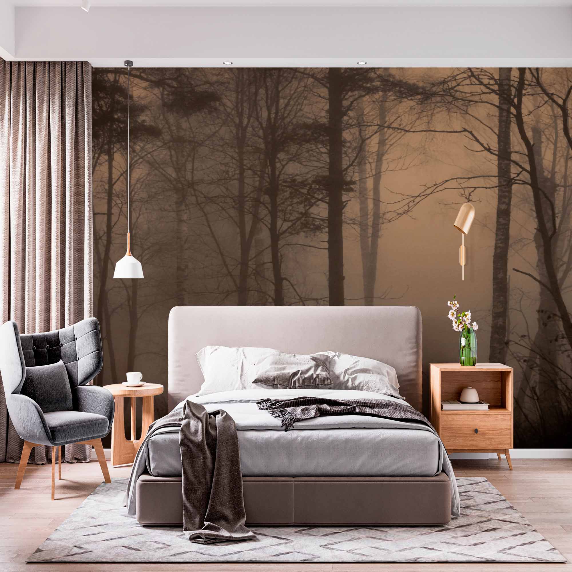 Misty Twilight Forest Wall Mural Wallpaper - Dark and Enigmatic Woodland Scene