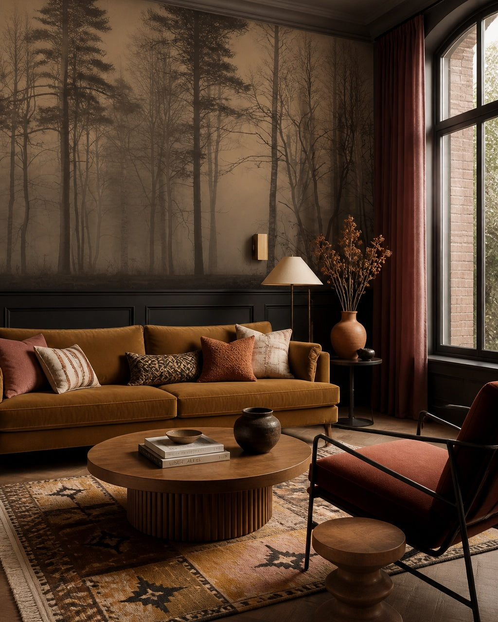 Twilight forest wallpaper in a designer living room.