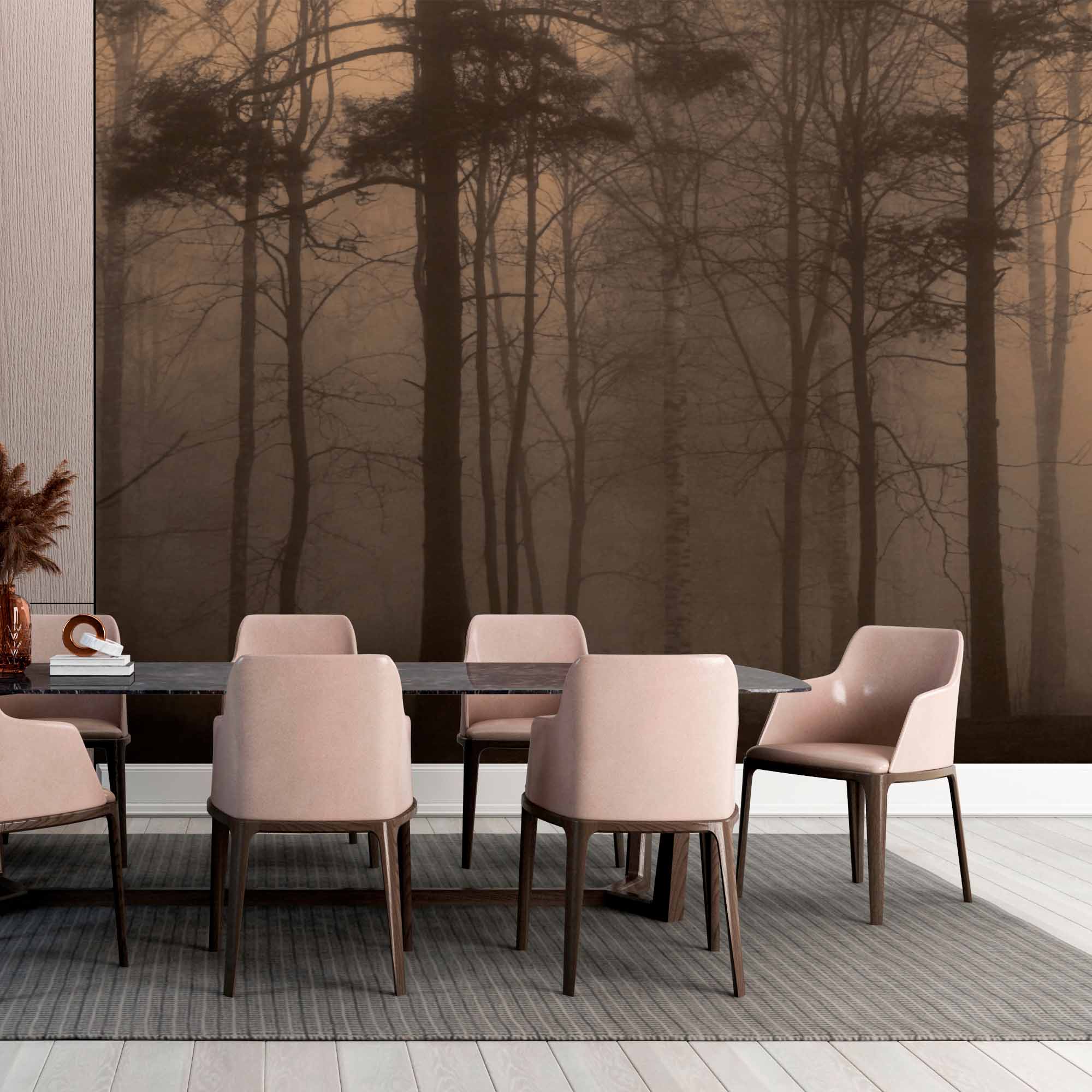 Misty Twilight Forest Wall Mural Wallpaper - Dark and Enigmatic Woodland Scene