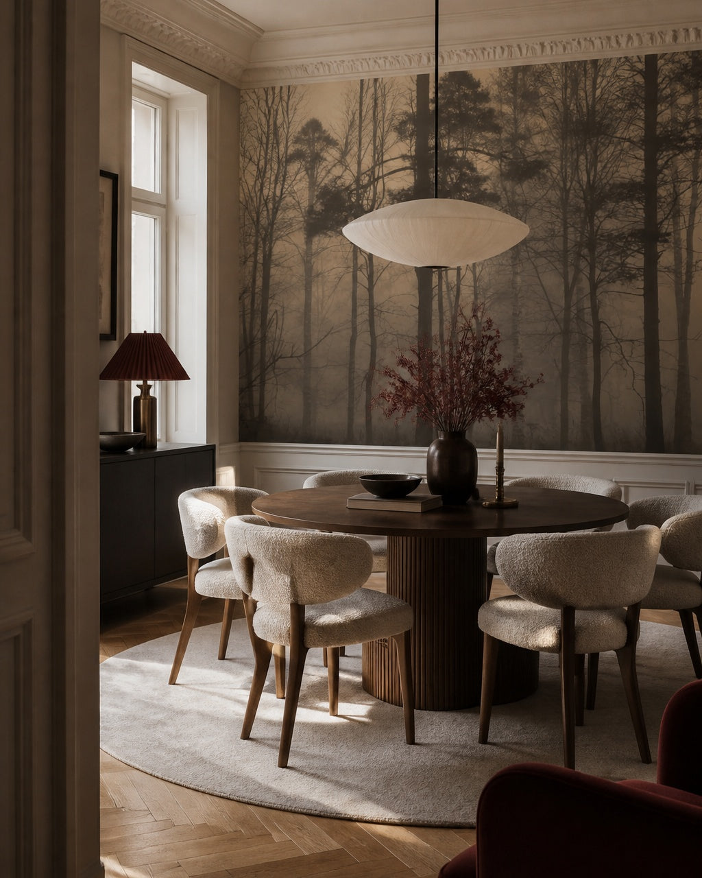 Twilight forest wallpaper in a refined dining area.