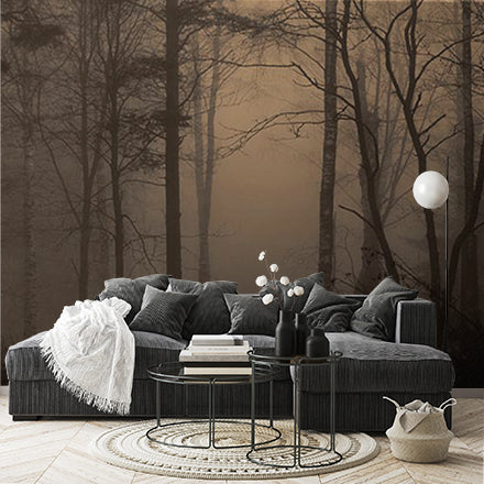 Custom Mystical Foggy Forest at Dusk Wall Mural Wallpaper