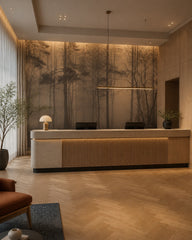 Twilight forest wallpaper at a hotel reception desk.