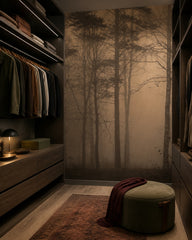 Twilight forest wallpaper in a walk-in wardrobe.