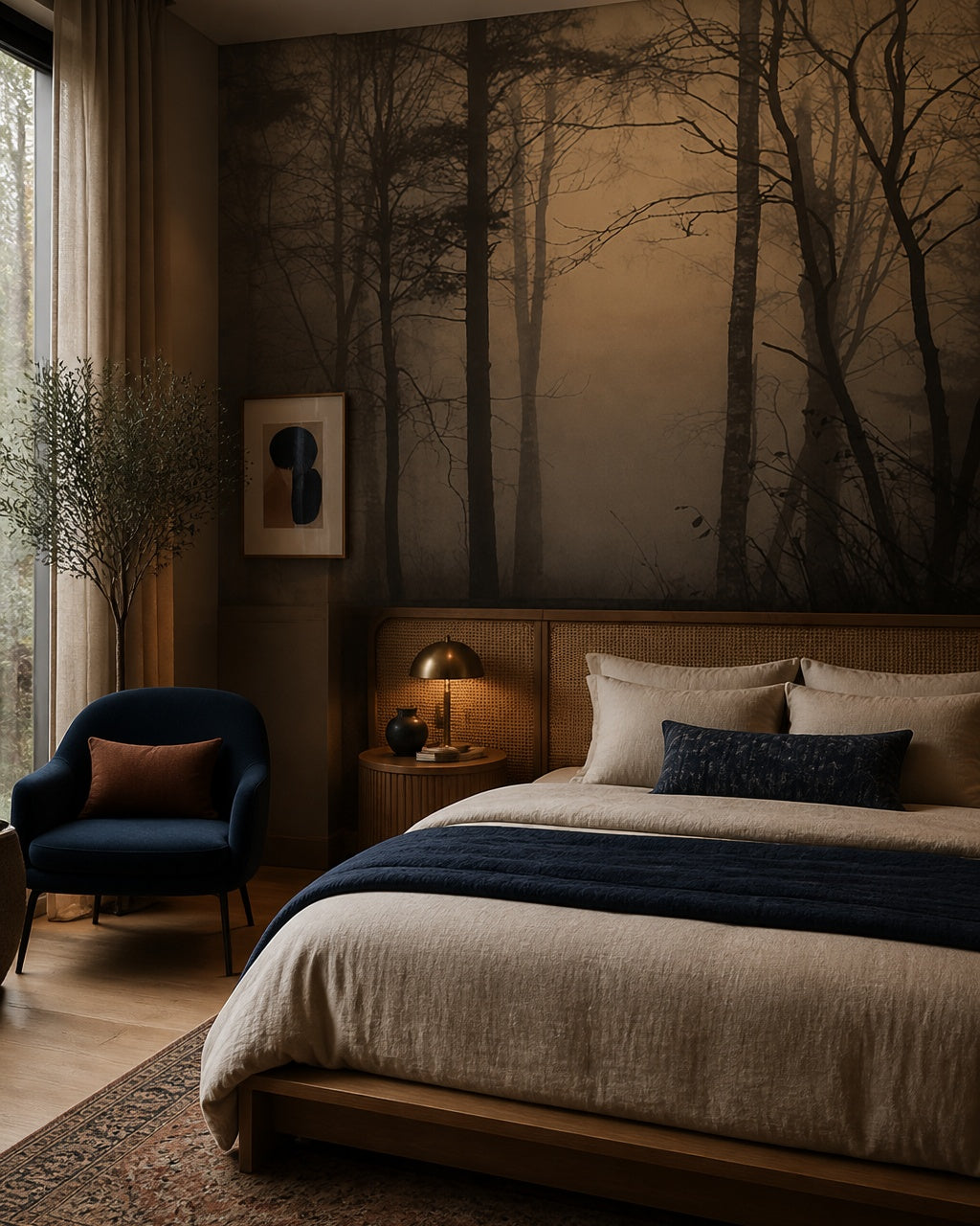 Foggy forest at dusk wallpaper in a designer bedroom.