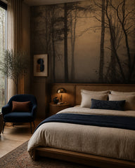 Foggy forest at dusk wallpaper in a designer bedroom.