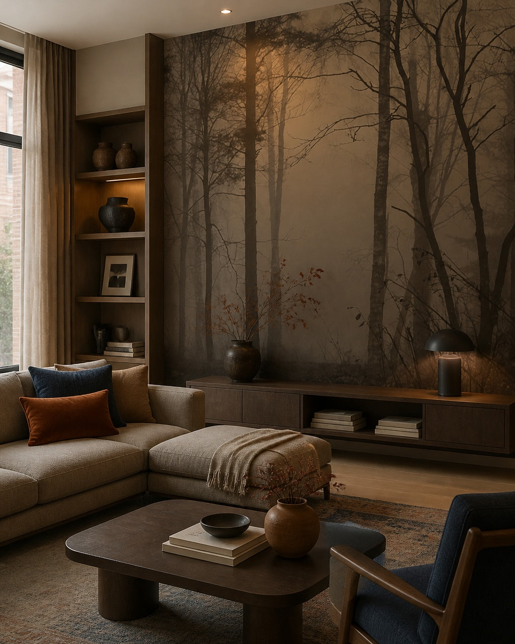 Foggy forest at dusk wallpaper in a designer living room.