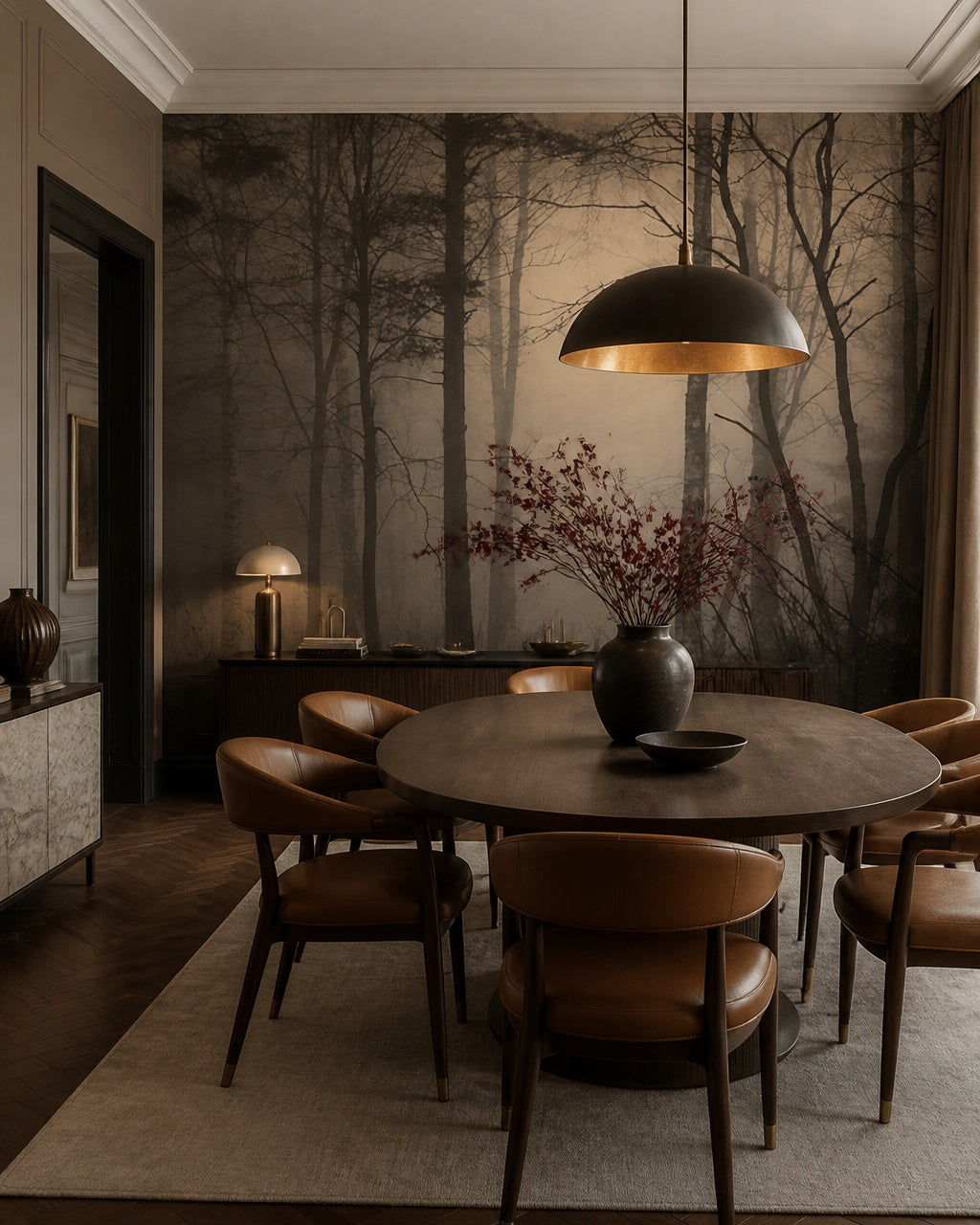 Foggy forest at dusk wallpaper in a refined dining area.