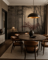 Foggy forest at dusk wallpaper in a refined dining area.