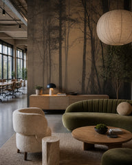 Foggy forest at dusk wallpaper in a creative office lounge.