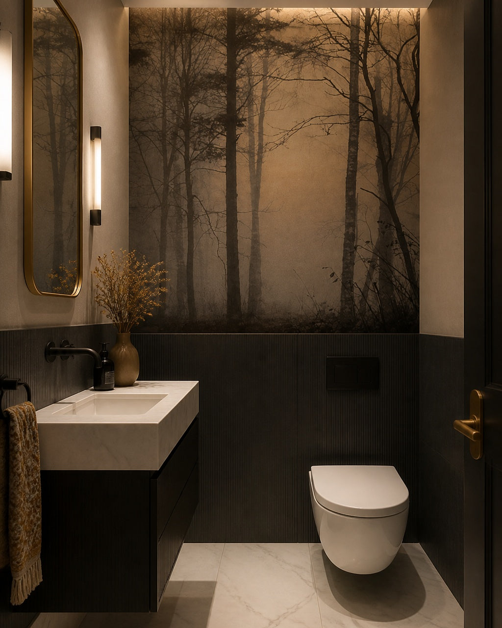 Foggy forest at dusk wallpaper in an elegant powder room.
