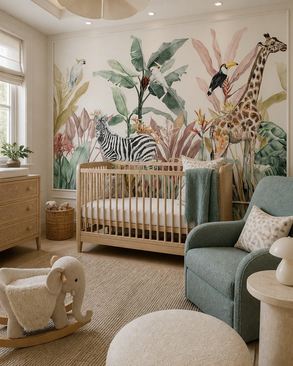 Watercolor safari wallpaper in a modern nursery with a crib.